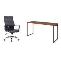 Conjunto de Mesa Studio Nogal 150 cm com Cadeira de Escritório Diretor Giratória Cleaner Preta