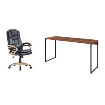 Conjunto de Mesa Studio Nogal 150 cm com Cadeira de Escritório Presidente Giratória com Relax Clark Preta e Dourada
