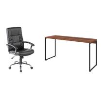 Conjunto de Mesa Studio Nogal 150 cm com Cadeira de Escritório Presidente Giratória com Relax Office Plus Preta