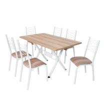 Conjunto de mesa taliz tampo bp carvalho montreal 1,36m x 0,80m retangular com 6 cadeiras tubo branco - ciplafe