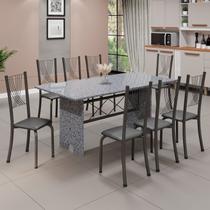 Conjunto de Mesa Tampo de Granito Ocre com 8 Cadeiras Lorena Yescasa Cinza/Preto Liso/Mart Prata