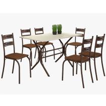 Conjunto de Mesa Teixeira Macaé Cabo Frio com 6 cadeiras com encosto em Ratam tampo em pedra Marrom OFF White Conjunto de Mesa Teixeira Macaé Cabo Frio com 6 cadeiras com encosto em Ratam tampo em pedra Marrom OFF White