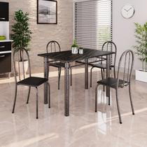 Conjunto de Mesa Tubular 100x60cm Tampo em Ardósia Indiano com 4 Cadeiras Preto / Prata