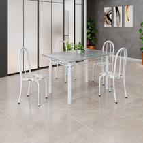 Conjunto de Mesa Tubular 120cm x 75cm Tampo em Granito Topázio com 4 Cadeiras Iris Branco/Arabesco