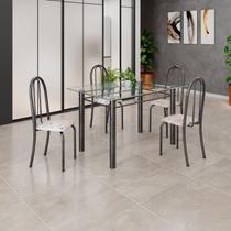 Conjunto de Mesa Tubular 120cm x 75cm Tampo em Vidro Incolor com 4 Cadeiras Prata/Bege