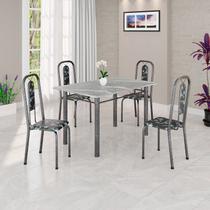 Conjunto de Mesa Tubular 120cm x 75cm Tampo Granito Topázio com 4 Cadeiras Lívia Prata/Preto