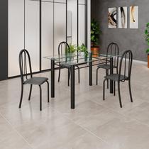 Conjunto de Mesa Tubular 120x75cm Tampo em Vidro com 4 Cadeiras Iris B Preto Liso/Preto