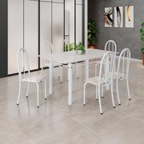 Conjunto de Mesa Tubular 140cm x 75cm Tampo em Vidro com 6 Cadeiras Iris B Branco/Botanic Bege