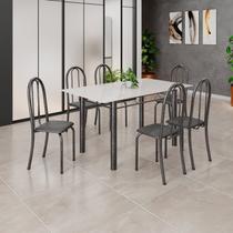 Conjunto de Mesa Tubular 140cm x 75cm Tampo em Vidro com 6 Cadeiras Iris B Prata/Preto Liso/Martelado