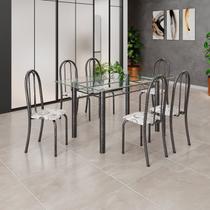 Conjunto de Mesa Tubular 140cm x 75cm Tampo em Vidro Incolor com 6 Cadeiras Iris B Prata/Arabesco