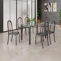 Conjunto de Mesa Tubular 140cm x 75cm Tampo em Vidro Incolor com 6 Cadeiras Iris B Prata/Preto