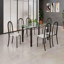 Conjunto de Mesa Tubular 140cm x 75cm Tampo em Vidro Incolor com 6 Cadeiras Iris B Preto/Arabesco