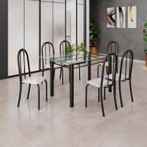 Conjunto de Mesa Tubular 140cm x 75cm Tampo em Vidro Incolor com 6 Cadeiras Iris B Preto/Bege Conjunto de Mesa Tubular 140cm x 75cm Tampo em Vidro Incolor com 6 Cadeiras Iris B Preto/Bege