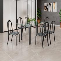 Conjunto de Mesa Tubular 140cm x 75cm Tampo em Vidro Incolor com 6 Cadeiras Iris B Preto