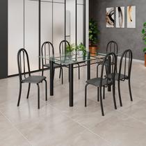 Conjunto de Mesa Tubular 140cm x 75cm Tampo em Vidro Incolor com 6 Cadeiras Iris B Preto