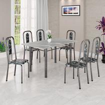 Conjunto de Mesa Tubular 140cm x 75cm Tampo Granito Topázio com 6 Cadeiras Lívia Prata/Preto Conjunto de Mesa Tubular 140cm x 75cm Tampo Granito Topázio com 6 Cadeiras Lívia Prata/Preto