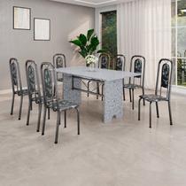 Conjunto de Mesa Tubular 180cm x 75cm Tampo Granito Ocre com 8 Cadeiras Lara Prata/Preto