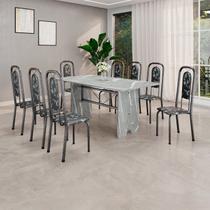 Conjunto de Mesa Tubular 180cm x 75cm Tampo Granito Topázio com 8 Cadeiras Lara Prata/Preto