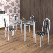 Conjunto de Mesa Tubular 4 Cadeiras 120cm com Tampo de Vidro Iris Branco/Preto Floral/Pérola