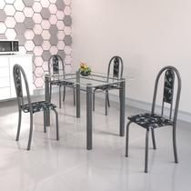 Conjunto de Mesa Tubular 4 Cadeiras 120cm com Tampo de Vidro Iris Prata/Preto Floral