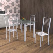 Conjunto de Mesa Tubular 4 Cadeiras 120cm com Tampo de Vidro Iza Branco/Botanic Cinza/Pérola