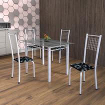 Conjunto de Mesa Tubular 4 Cadeiras 120cm com Tampo de Vidro Iza Branco/Preto Floral/Pérola