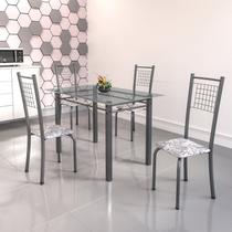 Conjunto de Mesa Tubular 4 Cadeiras 120cm com Tampo de Vidro Iza Prata/Botanic Cinza Conjunto de Mesa Tubular 4 Cadeiras 120cm com Tampo de Vidro Iza Prata/Botanic Cinza