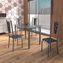 Conjunto de Mesa Tubular 4 Cadeiras 120cm com Tampo de Vidro Melissa Prata/Preto Floral Conjunto de Mesa Tubular 4 Cadeiras 120cm com Tampo de Vidro Melissa Prata/Preto Floral