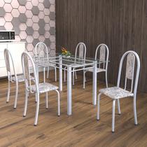 Conjunto de Mesa Tubular 6 Cadeiras 140cm com Tampo de Vidro Iris Branco/Botanic Cinza/Pérola