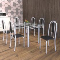 Conjunto de Mesa Tubular 6 Cadeiras 140cm com Tampo de Vidro Iris Branco/Preto/Pérola
