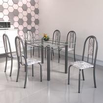 Conjunto de Mesa Tubular 6 Cadeiras 140cm com Tampo de Vidro Iris Prata/Botanic Cinza