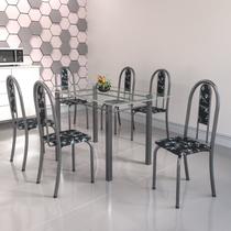 Conjunto de Mesa Tubular 6 Cadeiras 140cm com Tampo de Vidro Iris Prata/Preto Floral