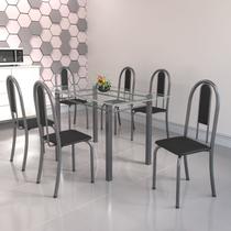 Conjunto de Mesa Tubular 6 Cadeiras 140cm com Tampo de Vidro Iris Prata/Preto