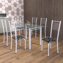 Conjunto de Mesa Tubular 6 Cadeiras 140cm com Tampo de Vidro Iza Branco/Preto Floral/Pérola