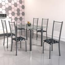 Conjunto de Mesa Tubular 6 Cadeiras 140cm com Tampo de Vidro Iza Soma Móveis