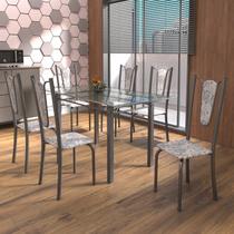 Conjunto de Mesa Tubular 6 Cadeiras 140cm com Tampo de Vidro Melissa Prata/Botanic Cinza Conjunto de Mesa Tubular 6 Cadeiras 140cm com Tampo de Vidro Melissa Prata/Botanic Cinza