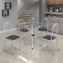 Conjunto de Mesa Tubular 70x70cm Tampo de Vidro com 4 Cadeiras Ane B Branco/Preto Floral/Martelado Pérola/Incolor Conjunto de Mesa Tubular 70x70cm Tampo de Vidro com 4 Cadeiras Ane B Branco/Preto Floral/Martelado Pérola/Incolor