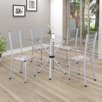 Conjunto de Mesa Tubular 70x70cm Tampo em Vidro com 4 Cadeiras Dany Branco/Botanic Bege/Martelado Perola/Incolor