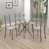 Conjunto de Mesa Tubular 70x70cm Tampo em Vidro com 4 Cadeiras Dany Cinza/Botanic Bege/Martelado Prata/Incolor Conjunto de Mesa Tubular 70x70cm Tampo em Vidro com 4 Cadeiras Dany Cinza/Botanic Bege/Martelado Prata/Incolor