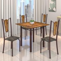 Conjunto de Mesa Tubular 75x75cm Tampo de Madeira com 4 Cadeiras Júlia Marrom/Riscas/Cacau