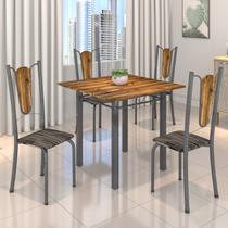 Conjunto de Mesa Tubular 75x75cm Tampo de Madeira com 4 Cadeiras Júlia Prata/Riscas