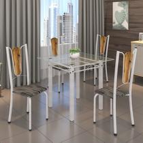 Conjunto de Mesa Tubular 75x75cm Tampo de Vidro com 4 Cadeiras Júlia Branco/Riscas/Perola/Madeira Conjunto de Mesa Tubular 75x75cm Tampo de Vidro com 4 Cadeiras Júlia Branco/Riscas/Perola/Madeira