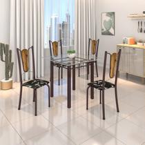 Conjunto de Mesa Tubular 75x75cm Tampo de Vidro com 4 Cadeiras Júlia Marrom/Preto Floral/Cacau/Madeira