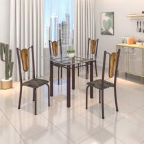 Conjunto de Mesa Tubular 75x75cm Tampo de Vidro com 4 Cadeiras Júlia Marrom/Riscas/Cacau/Madeira