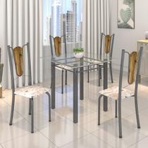 Conjunto de Mesa Tubular 75x75cm Tampo de Vidro com 4 Cadeiras Júlia Prata/Botanic Bege/Madeira Conjunto de Mesa Tubular 75x75cm Tampo de Vidro com 4 Cadeiras Júlia Prata/Botanic Bege/Madeira
