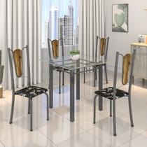 Conjunto de Mesa Tubular 75x75cm Tampo de Vidro com 4 Cadeiras Júlia Prata/Preto Floral/Madeira