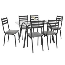 Conjunto De Mesa Tubular Com 6 Cadeiras 118 Lotus Tampo Vidro Incolor 140cm Preto Assento Platina Artefamol