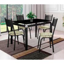 Conjunto De Mesa Tubular Malva Com 4 Cadeiras 151 Tampo De Vidro 107cm SF Preto Fosco Assento Cedro Artefamol