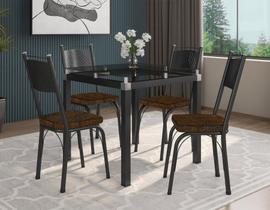 Conjunto De Mesa Tubular Malva SF Preto Com 4 Cadeiras 151 Tampo De Vidro 75cm Incolor Assento Imbuia Artefamol