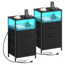 Conjunto de mesas de cabeceira JARHETUN 2 peças com 3 gavetas, USB, LED, preto